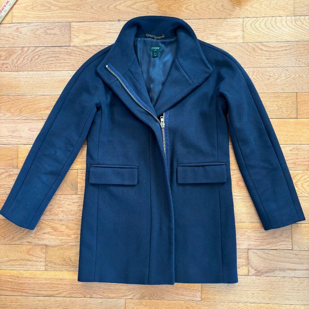 J Crew Cocoon Coat Womens Size 2 100% Virgin Wool Navy Blue City Day Lady Coat